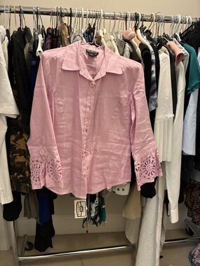 Tracy M Pink Button-Front Linen Blend Blouse with Eyelet Cuff 👵MT